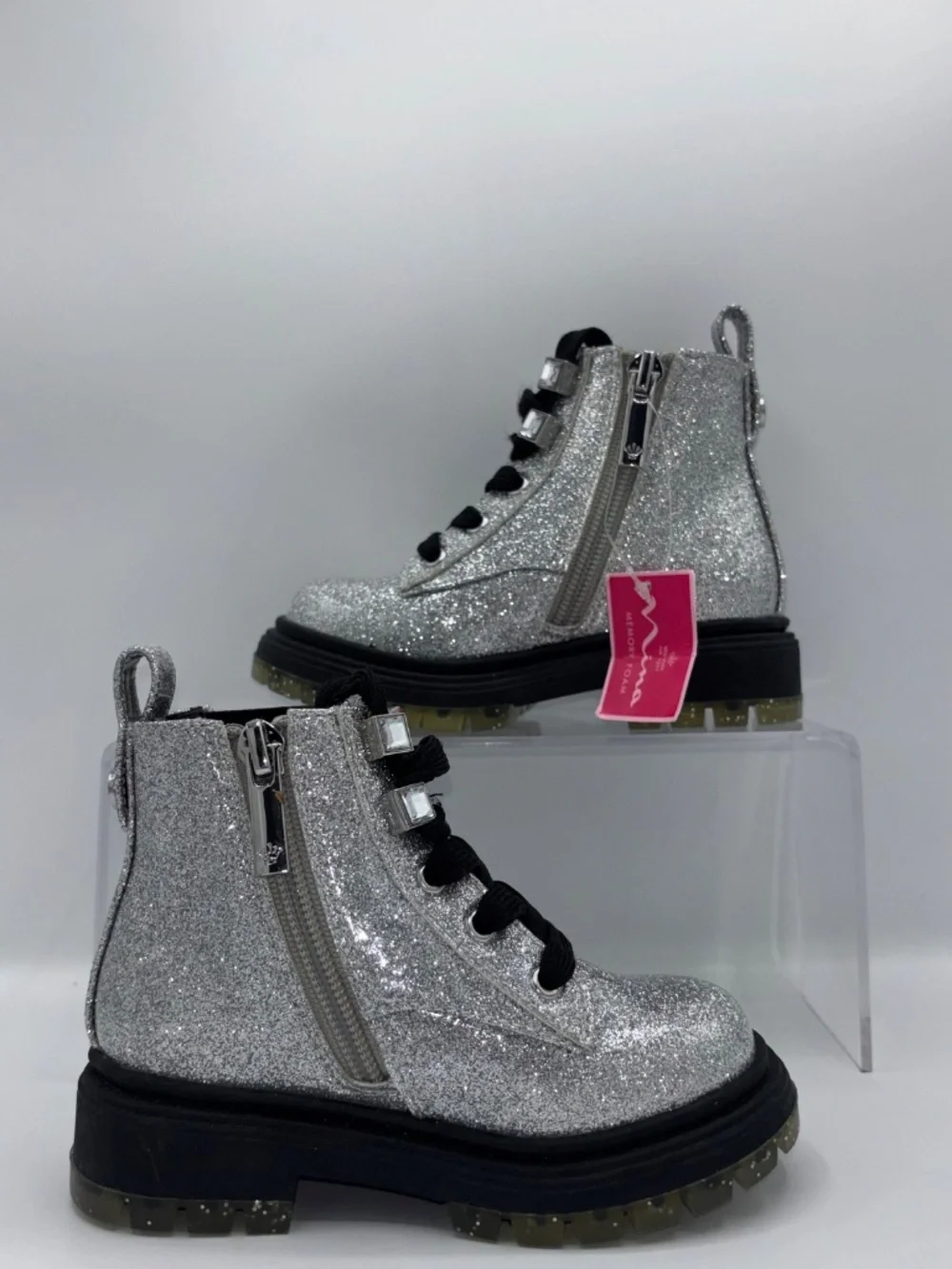 Nina Coelette Silver Grey Glitter Combat Lace-Up Boots Memory Foam Toddler 7